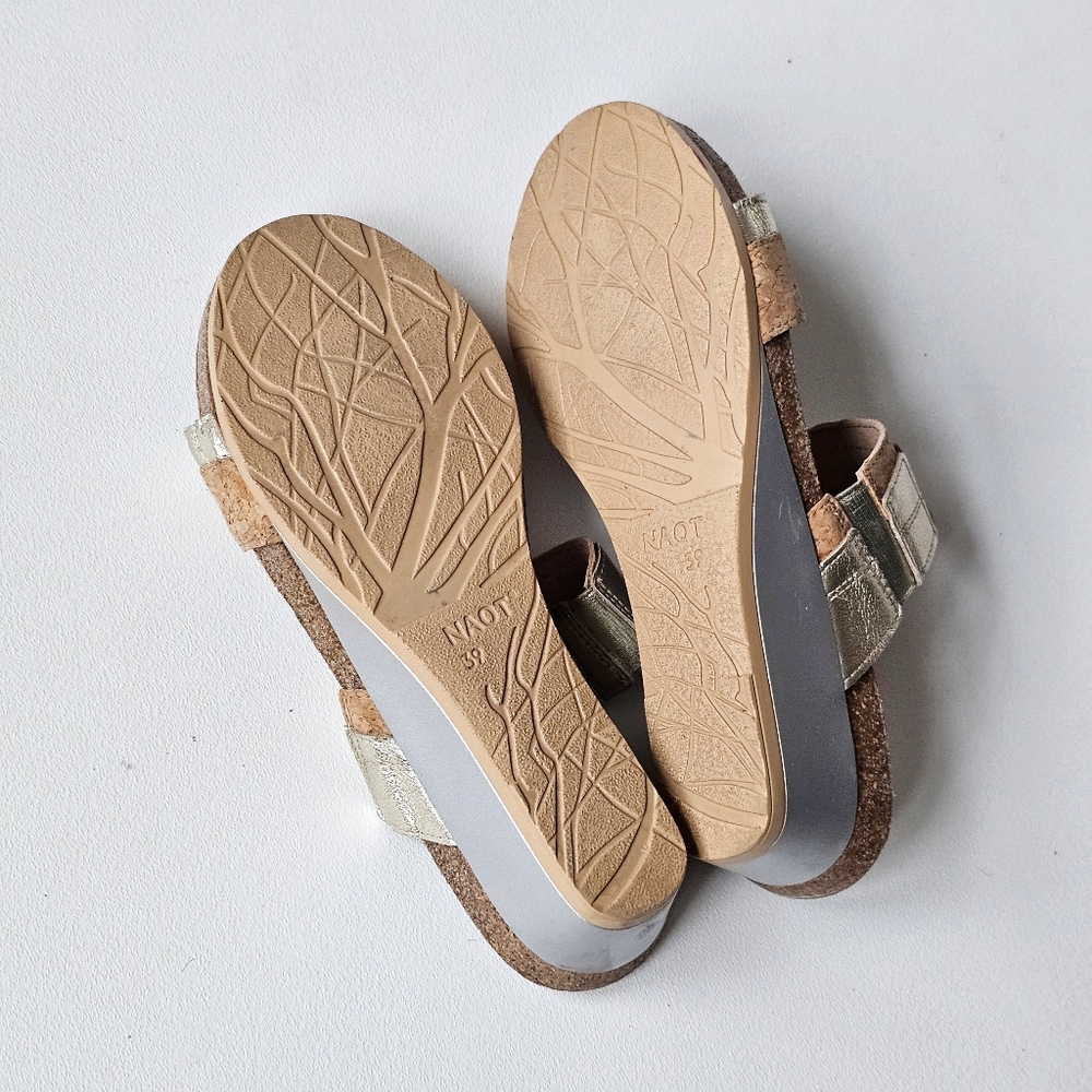 NAOT Royalty Cork Banded Wedge Slide Sandals Gold EU 39 US 8 Comfort - Picture 12 of 14